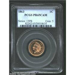 1863 1C PR65 Cameo PCGS. Most of the original  white  surface still remains on this scarce copper-ni