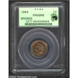 1864 1C Bronze PR66 Red and Brown PCGS. This bronze specimen striking of the 1864 Indian Cent combin