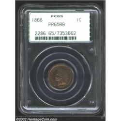 1866 1C PR65 Red and Brown PCGS. A well struck proof Gem with flashy, deep mirrors, and underlying r