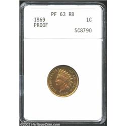 1869 1C PR63 Red and Brown ANACS. Glassy, intricately detailed surfaces have toned in pale orange an