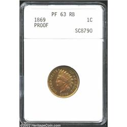 1869 1C PR63 Red and Brown ANACS. Glassy, intricately detailed surfaces have toned in pale orange an