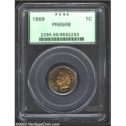 1869 1C PR65 Red and Brown PCGS. Underlying crimson, yellow, and green iridescence glimmers beneath.