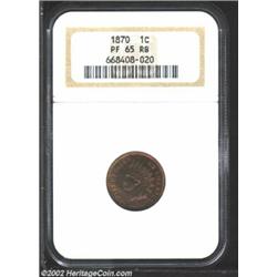 1870 1C PR65 Red and Brown NGC. Dappled orange and rose-violet patina atop glittering surfaces, with