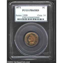 1871 1C PR65 Red PCGS. This is a fully original Gem whose lustrous, orange-red surfaces reveal deepl