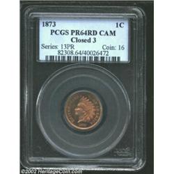 1873 1C Closed 3 PR64 Cameo PCGS. The lovely orange-gold color is so undisturbed that the coin has a