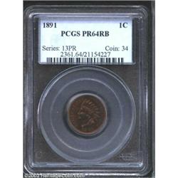 1891 1C PR64 Red and Brown PCGS. Vivid copper-gold and violet hues radiate from the reflective field