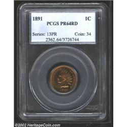 1891 1C PR64 Red PCGS. The peach and gold patina is bright and beautiful. A needle-sharp near-Gem wi