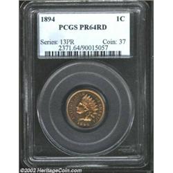 1894 1C PR64 Red PCGS. A frosty, just-miss gem with considerable reflectivity and mild cameo contras