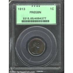 1913 1C PR65 Brown PCGS. Deep blue and brown patina covers both sides of this scarce matte proof Lin