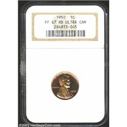 1950 1C PR67 Deep Cameo NGC. Dazzling orange and cherry-red color explodes over both sides of this f