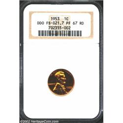 1953 1C PR67 Red NGC. Doubled Die Obverse. FS-021.7. Faint doubling can be seen on the date and RTY.