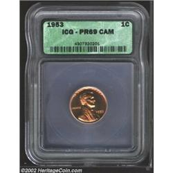 1953 1C PR69 Cameo ICG. A glittering, essentially flawless specimen with "as struck" golden-orange s