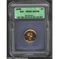 1959 1C PR69 Deep Cameo ICG. A spectacular first year Memorial Cent, with boldly contrasted surfaces
