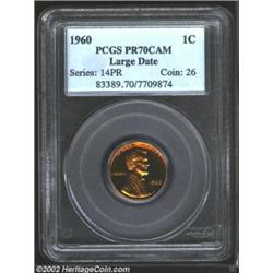 1960 1C Large Date PR70 Cameo PCGS. A nicely contrasted coin with rich cherry-red color and flawless
