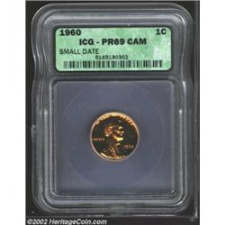 1960 1C Small Date PR69 Cameo ICG. Blazing golden-orange surfaces are technically excellent, but lac