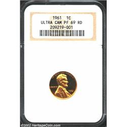 1961 1C PR69 Red Ultra Cameo NGC. An exceptional, starkly contrasted cameo proof Cent. Kept from per