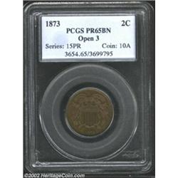 1873 2C Open 3 PR65 Brown PCGS. Richly colored in deep red, maroon, and mahogany shades. Fully struc