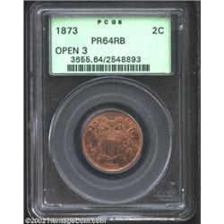 1873 2C Open 3 PR64 Red and Brown PCGS. Proof 1873 Two Cent pieces of the Open 3 variety were discov