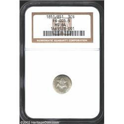 1851 3CS MS64 NGC. 1851/851. FS-001.5. The final three digits of the date are dramatically repunched