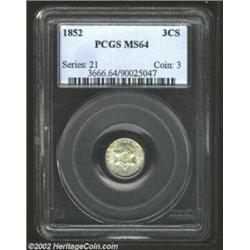1852 3CS MS64 PCGS. Well-defined and satiny, with steel-grey surfaces punctuated by the occasional h