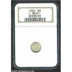 1852 3CS MS65 NGC. The frosty surfaces display rather subdued luster, but are free of marks and dist
