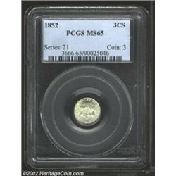 1852 3CS MS65 PCGS. A full gem in every regard, from the full strike to the blazing luster. Complete