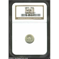 1853 3CS MS65 NGC. Untoned with satiny luster that is almost glossy in finish and unaffected by die.