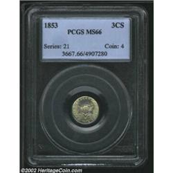 1853 3CS MS66 PCGS. The borders have light yellow-green color, while the centers possess blue-violet