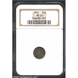 1854 3CS MS62 NGC. Deep steel-violet and gunmetal toning surrenders to more colorful highlights of o