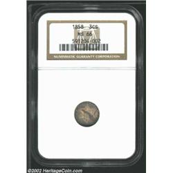 1858 3CS MS66 NGC. Long heralded as the most difficult Three Cent Silver type to locate in the finer