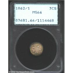 1862/1 3CS MS66. Gorgeous bands of burnt-orange, gold, and aqua patina further increase the eye appe