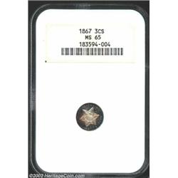 1867 3CS MS65 NGC. A blatantly original Gem with razor sharp definition on the central devices and d