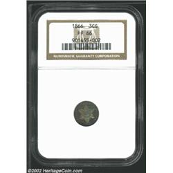 1866 3CS PR66 NGC. Gorgeous powder-blue, rose, and gold patina. A needle-sharp Gem that has a seemin