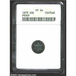 1873 3CS PR64 ANACS. Lovely powder-blue, golden-brown, and rose patina. Seemingly fully struck, asid