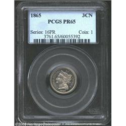 1865 3CN PR65 PCGS. Repunched Date. Breen 2-B. The first of two Gem quality representatives of this.