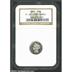 1865 3CN PR65 Ultra Cameo NGC. Deep, unfathomably deep mirrors are seen on each side, providing a bl