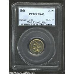 1866 3CN PR65 PCGS. Warm golden patina blankets both sides of this fully impressed Gem. Distraction-