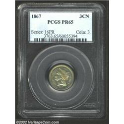 1867 3CN PR65 PCGS. Otherwise silver-gray in appearance, the surfaces reveal thin crescents of rainb