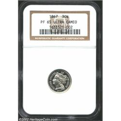 1867 3CN PR65 Deep Cameo NGC. Remarkable contrast and a black and white appearance set this coin apa