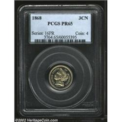 1868 3CN PR65 PCGS. This is a mostly untoned Gem with pleasing reflectivity in the fields. Generally