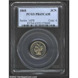 1868 3CN PR65 Cameo PCGS. A lovely cameo Gem with impressively mirrored fields and pleasing surfaces