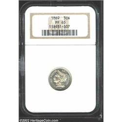 1869 3CN PR65 NGC. Brilliant and deeply mirrored but a bit softly struck on the left numeral on the.