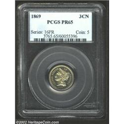 1869 3CN PR65 PCGS. A silver-gray specimen, the surfaces are free of singularly mentionable distract