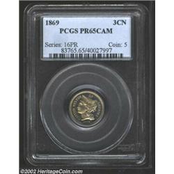 1869 3CN PR65 Cameo PCGS. Light golden-brown patina. A well struck Gem that has irrefutable cameo co