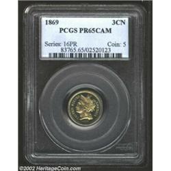 1869 3CN PR65 Cameo PCGS. A nice proof representative of the type, the cameoed surfaces possess bold