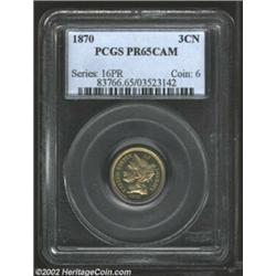 1870 3CN PR65 Cameo PCGS. Warmly patinated, this golden-gray example is every bit the Gem. There are