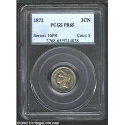 1872 3CN PR65 PCGS. With an estimated mintage of slightly more than 950 pieces, this attractive, sha