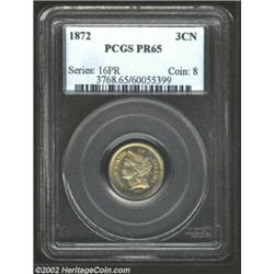 1872 3CN PR65 PCGS. Somewhat dappled apricot-gray color overlays smooth, obviously well cared for su