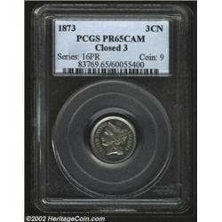 1873 3CN Closed 3 PR65 Cameo PCGS. Direct angles reveal pleasing lavender tinting that yields to sil