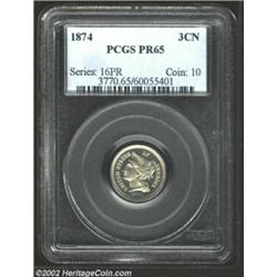 1874 3CN PR65 PCGS. The silver-gray surfaces are mostly brilliant in finish, but we do note some min